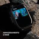 Smartwatch HORIZON TITAN exibindo álbum de fotos na tela, com armazenamento de 16GB