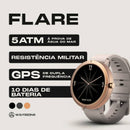 Smartwatch redondo FLARE WEARZONE rose gold com selos de 5ATM água do mar, resistência militar, GPS de dupla frequência e bateria de longa duração