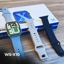 Kit WS-X10 com smartwatch prata e 3 pulseiras nas cores azul, branca e preta
