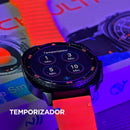 Smartwatch redondo MA33 preto exibindo temporizador com opções de minutos