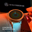 Tela do FLARE mostrando controle de atividades com anéis de meta coloridos, no pulso