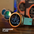 Smartwatch FLARE WEARZONE rose gold com pulseira verde-água, mostrando hora e data na tela, ao lado da caixa do produto