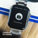 Smartwatch WS-X11 com pulseira de aço exibindo controle remoto de câmera na tela