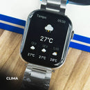 Smartwatch WS-X11 com pulseira de aço mostrando previsão do tempo de 27 graus