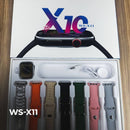 Caixa do kit WS-X11 com smartwatch preto, carregador magnético e 7 pulseiras incluindo uma de aço