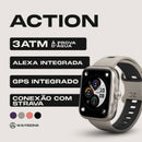 Smartwatch esportivo ACTION WEARZONE prata com pulseira cinza e preta e selos de 3ATM, Alexa, GPS integrado e conexão com Strava