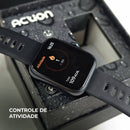 Smartwatch ACTION WEARZONE preto mostrando controle de atividade e calorias queimadas na tela