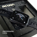 Smartwatch ACTION molhado com gotas de água na tela, exibindo selo de certificação 3ATM