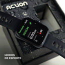 Tela do ACTION em modo de esporte, corrida com distância, calorias e frequência cardíaca