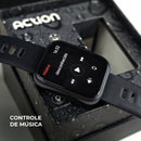 Tela do ACTION com controle de música, play e próxima faixa