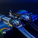 Dois smartwatches M9 com tela Super AMOLED e pulseiras azul e preta sobre a caixa do produto