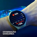 Smartwatch M9 no pulso medindo oxigenação sanguínea de 96% na tela AMOLED