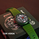 Smartwatch KRON WEARZONE na cor verde, mostrando watchface com data e batimentos